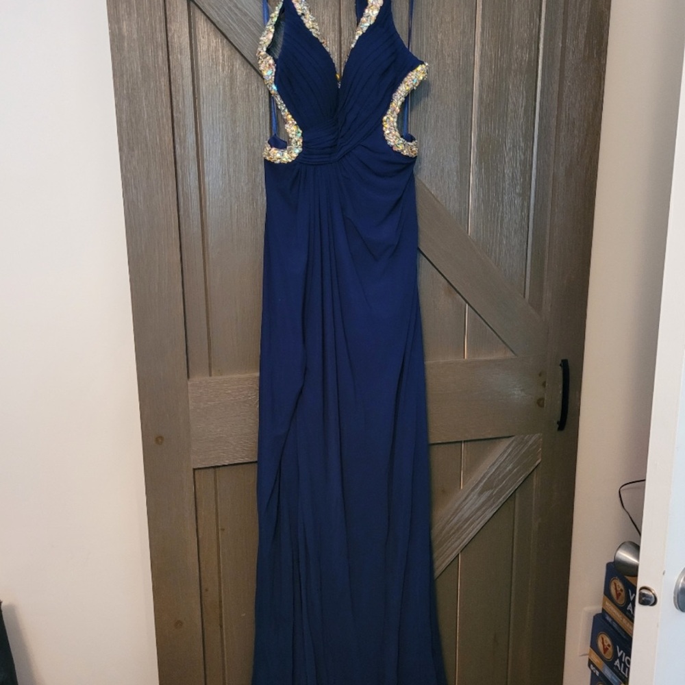 La Femme Blue Sleeveless Halter Gown